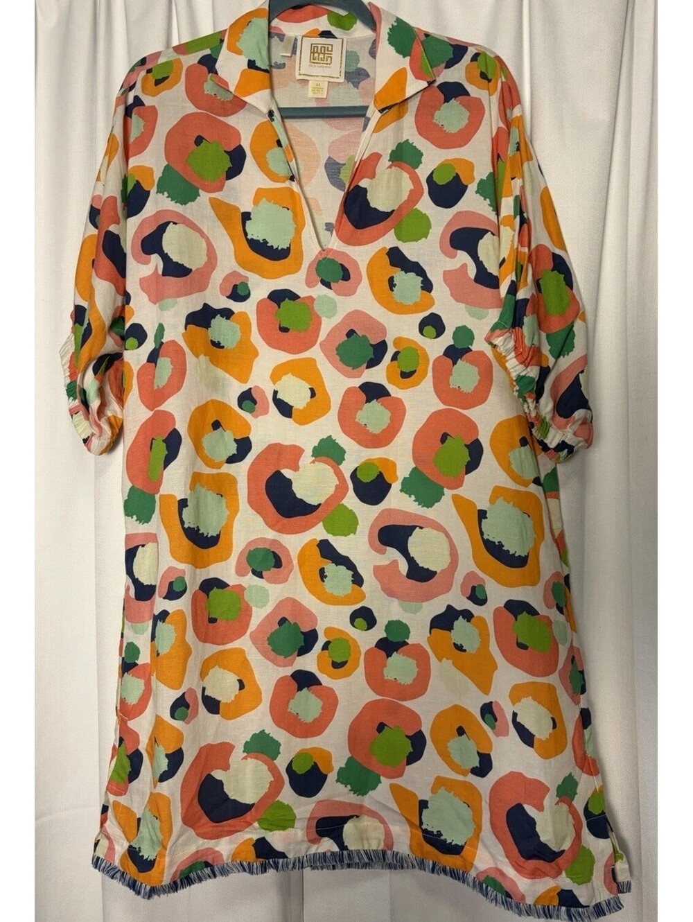 Emily McCarthy Linen Blend Tunic Multi Spot Cheetah Savannah Caftan Dress Med